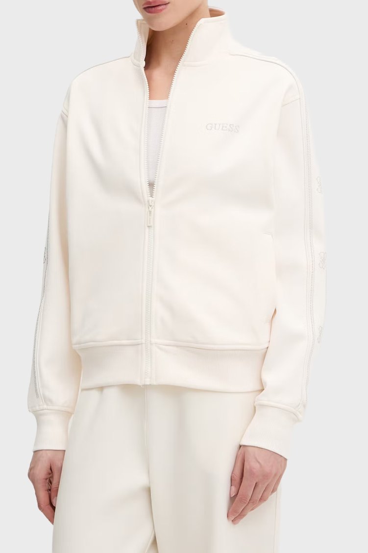 Guess Octavia Regular Fit Dik Yaka Fermuarlı Logolu V5BQ15KCX22 Kadın Sweat V5BQ15 KCX22 G027 Beyaz - Guess