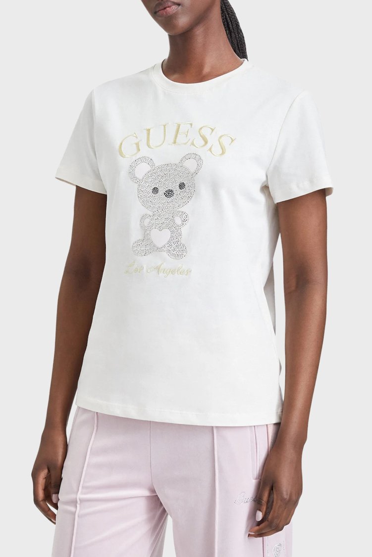 Guess Rhinestones Logolu % 100 Pamuk Bisiklet Yaka V6BI28K9360 Kadın T Shirt V6BI28 K9360 G012 Beyaz - Guess