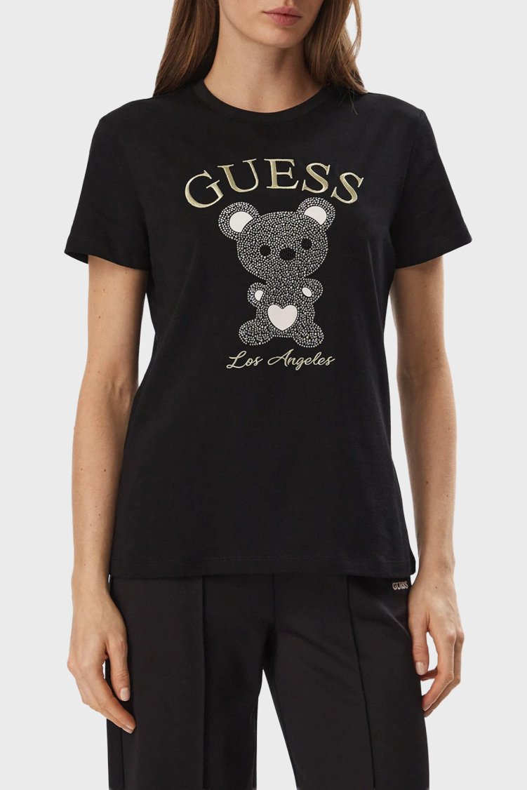 Guess Rhinestones Logolu % 100 Pamuk Bisiklet Yaka V6BI28K9360 Kadın T Shirt V6BI28 K9360 JBLK Siyah - Guess