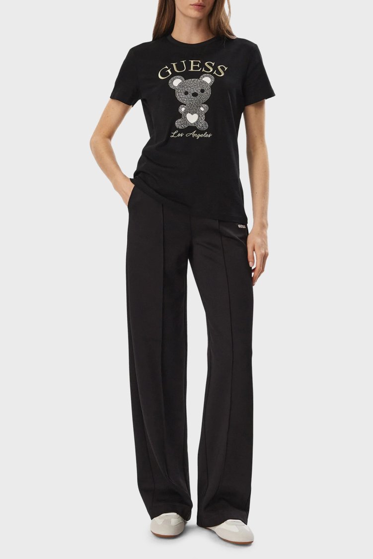 Guess Rhinestones Logolu % 100 Pamuk Bisiklet Yaka V6BI28K9360 Kadın T Shirt V6BI28 K9360 JBLK Siyah - Guess (1)