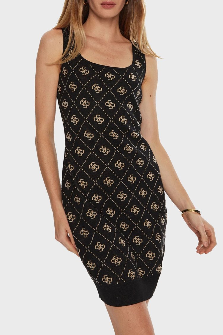 Guess Sarah 4G Logo Desenli Kalın Askılı Fitted Fit Mini Triko W4BK98Z3JD2 Bayan Elbise W4BK98 Z3JD2 FJ5Y SİYAH - Guess