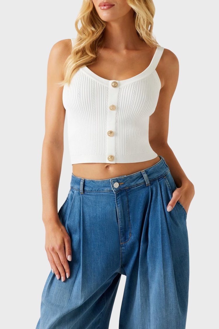 Guess Sl Emiie Fitilli Düğme Detaylı Regular Fit Yuvarlak Yaka W5YR10Z0130 Bayan Top W5YR10 Z0130 G012 BEYAZ - Guess