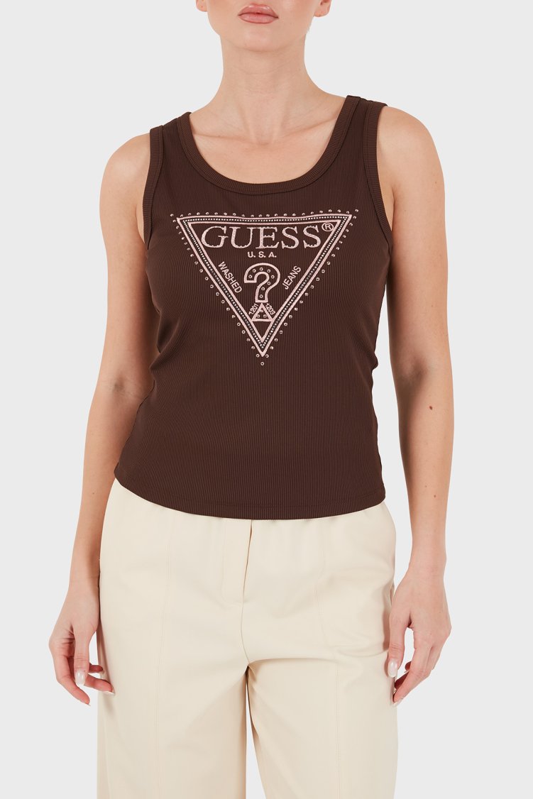 Guess Sl Savina Logolu Pamuklu Geniş Yaka W6BP20K6255 Kadın Top W6BP20 K6255 G1EA Kahve - Guess