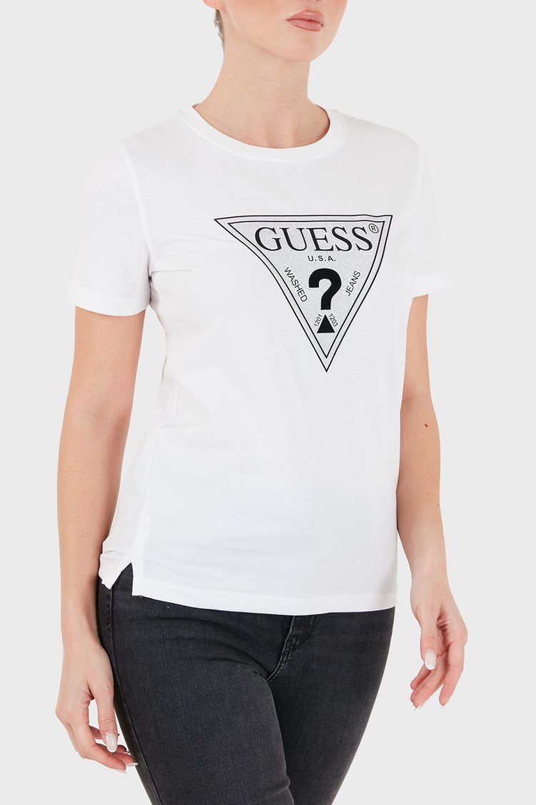 Guess Ss Cn Crystals Logolu Pamuklu Slim Fit W6BI20K6039 Kadın T Shirt W6BI20 K6039 G011 Beyaz - Guess