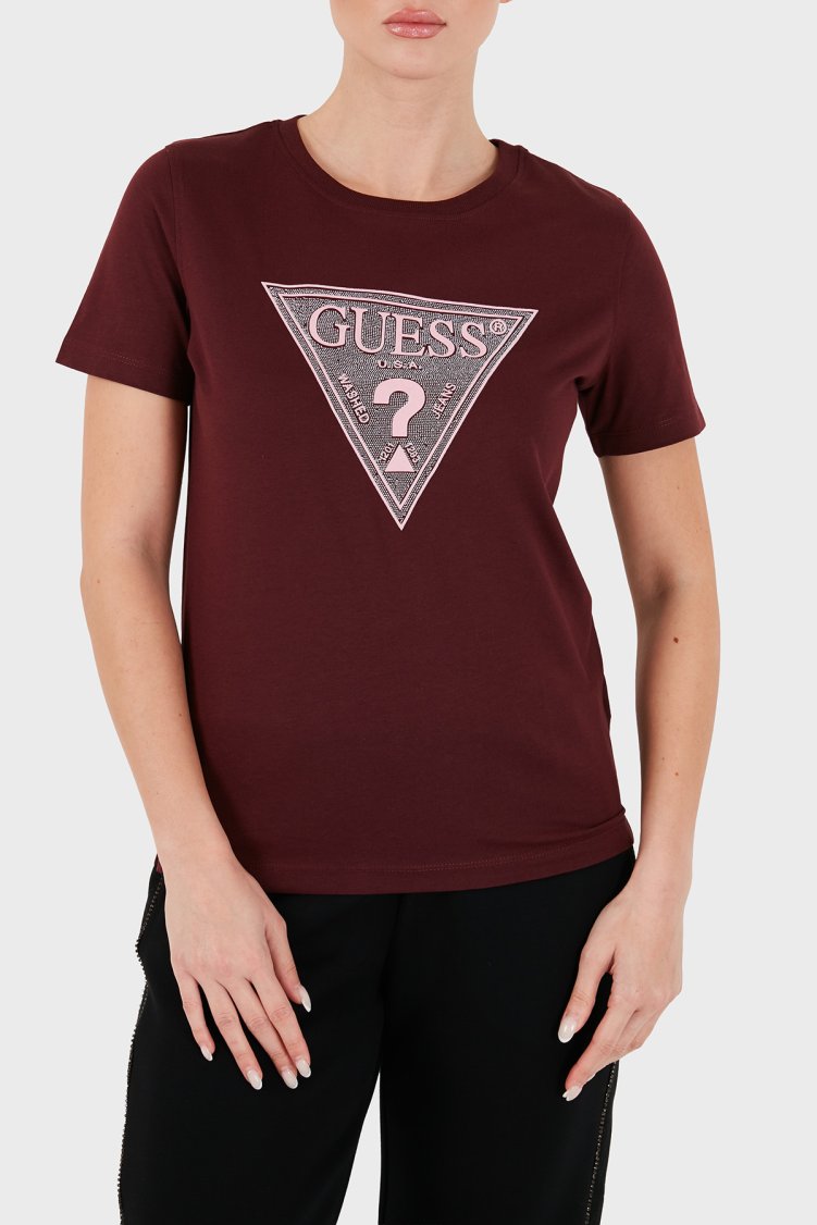 Guess Ss Cn Crystals Logolu Pamuklu Slim Fit W6BI20K6039 Kadın T Shirt W6BI20 K6039 G596 Bordo - Guess