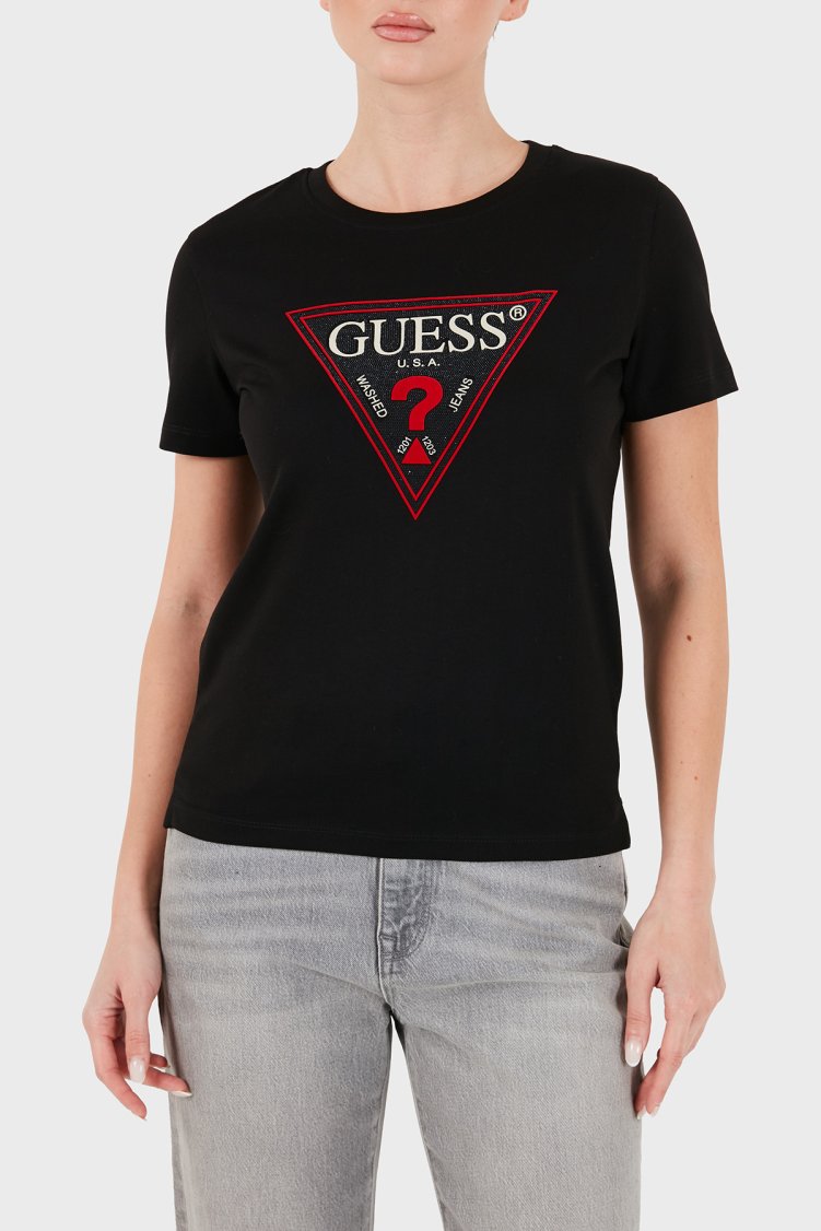Guess Ss Cn Crystals Logolu Pamuklu Slim Fit W6BI20K6039 Kadın T Shirt W6BI20 K6039 JBLK Siyah - Guess