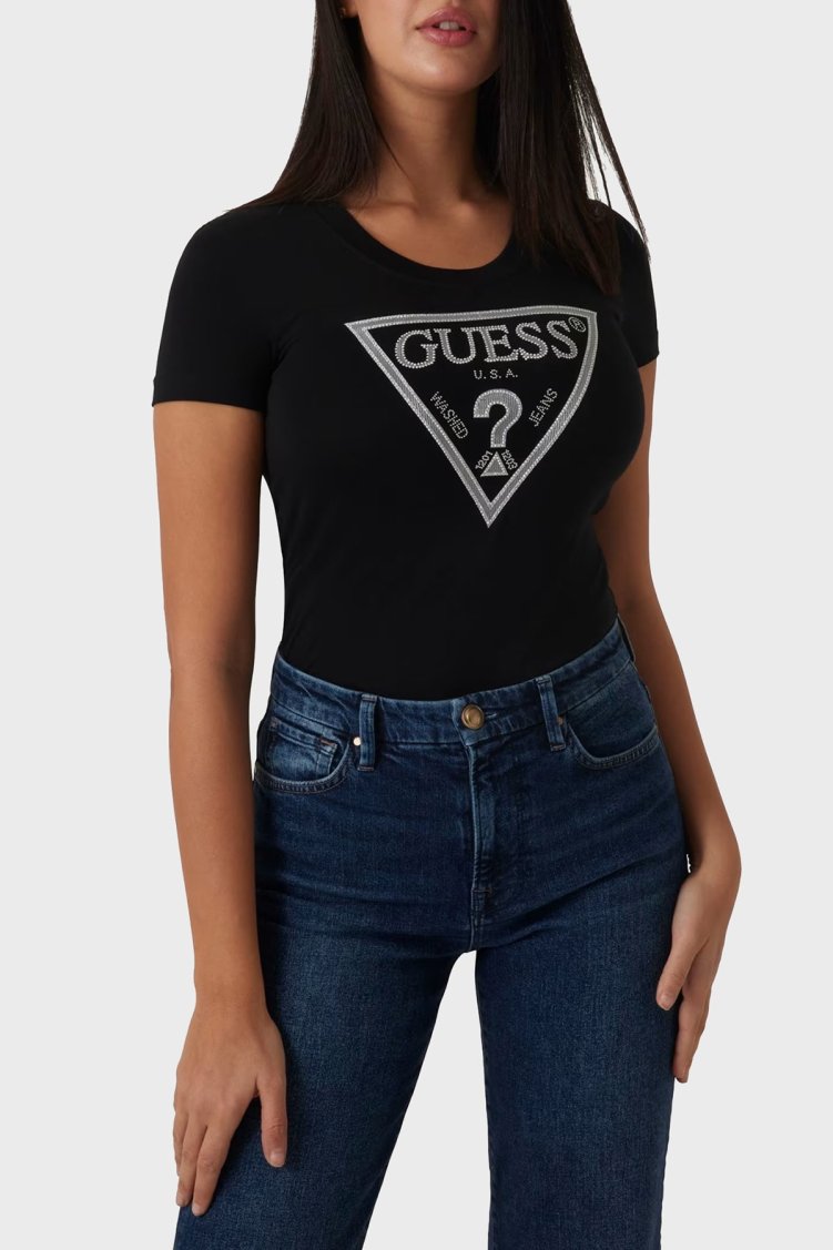 Guess Ss Cn Shıny Pamuklu Slim Fit Taşlı Üçgen Logolu W5RI11J1314 Bayan T Shirt W5RI11 J1314 JBLK SİYAH - Guess