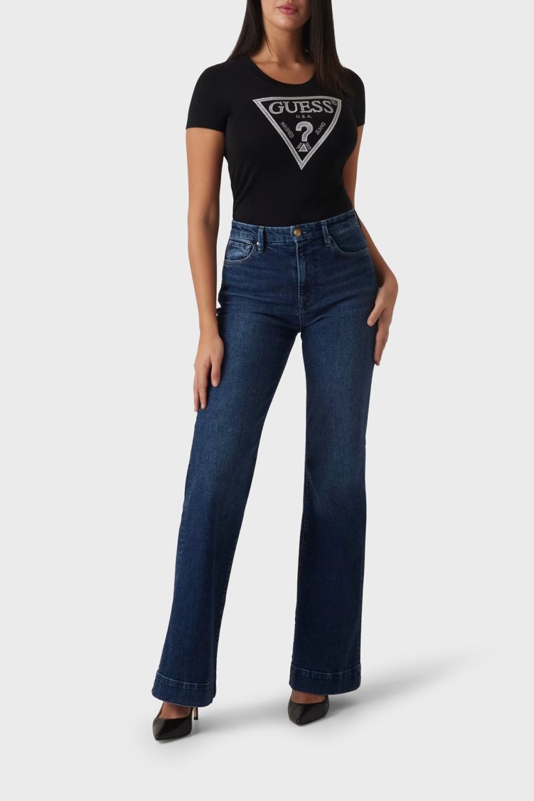 Guess Ss Cn Shıny Pamuklu Slim Fit Taşlı Üçgen Logolu W5RI11J1314 Bayan T Shirt W5RI11 J1314 JBLK SİYAH - Guess (1)
