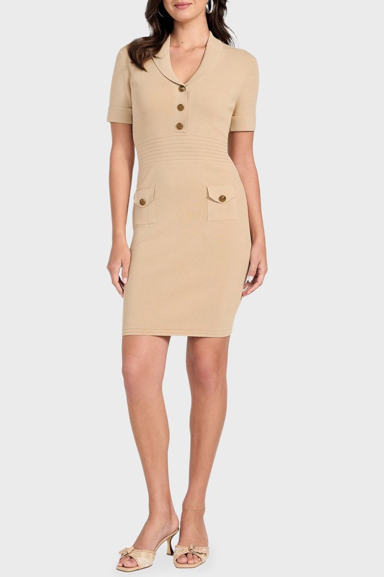 Guess Ss Felicity Slim Fit Mono Yaka Düğme Detaylı Mini W5YK29Z0130 Bayan Elbise W5YK29 Z0130 G1L7 BEJ - Guess (1)