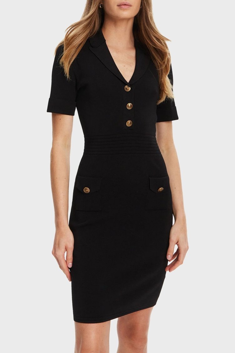 Guess Ss Felicity Slim Fit Mono Yaka Düğme Detaylı Mini W5YK29Z0130 Bayan Elbise W5YK29 Z0130 JBLK SİYAH - Guess