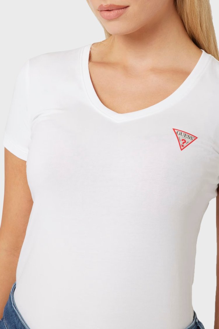 Guess Ss Vn Streç Pamuklu Slim Fit V Yaka Logolu W2YI45J1314 Kadın T Shirt W2YI45 J1314 G011 BEYAZ - Guess