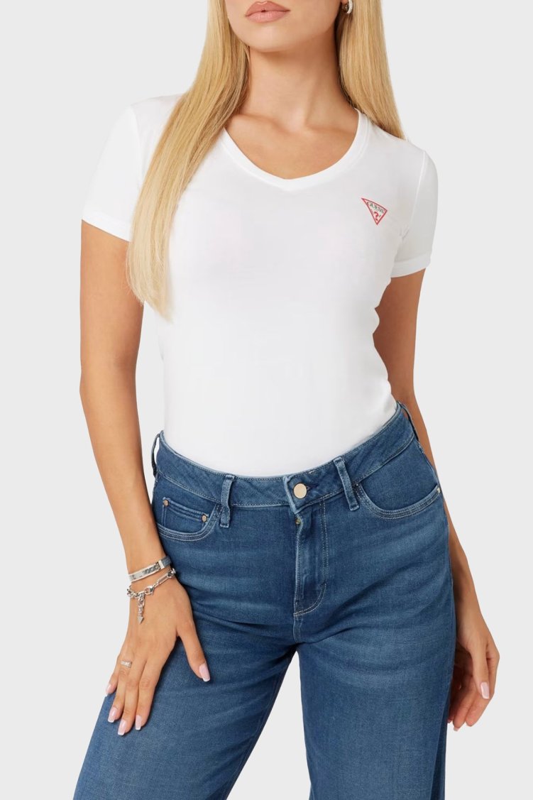 Guess Ss Vn Streç Pamuklu Slim Fit V Yaka Logolu W2YI45J1314 Kadın T Shirt W2YI45 J1314 G011 BEYAZ - Guess (1)