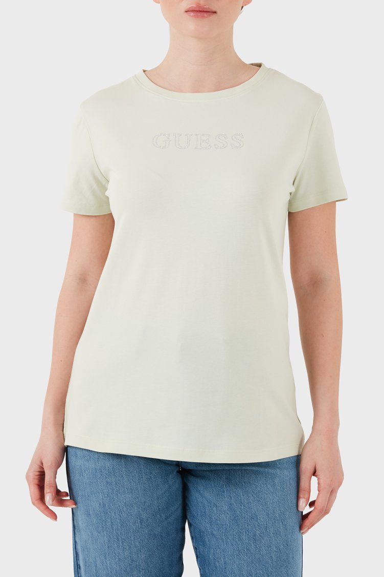 Guess Taşlı Logolu Pamuklu Regular Fit Bisiklet Yaka V3BI11J1314 Kadın T Shirt V3BI11 J1314 A89J Yeşil - Guess