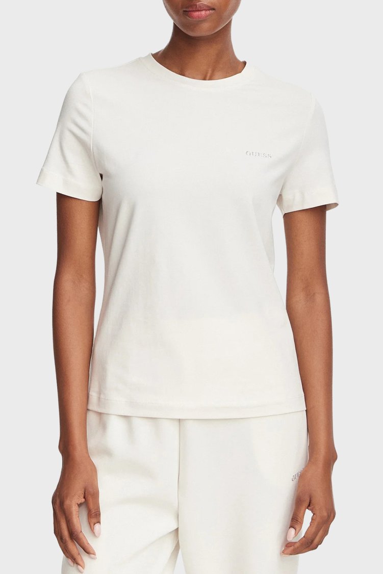 Guess Tracey Logolu Pamuklu Slim Fit Bisiklet Yaka V6RI07J1314 Kadın T Shirt V6RI07 J1314 A138 Ekru - Guess