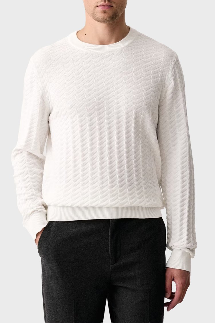 Hugo %100 Pamuk Regular Fit Bisiklet Yaka Balıksırtı Desenli Erkek Kazak 50570261 102 Beyaz - Hugo