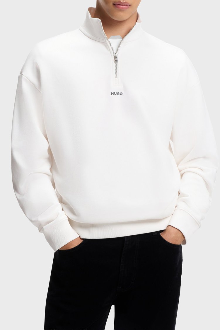Hugo % 100 Pamuk Relaxed Fit Yarım Fermuarlı Dik Yaka Erkek Sweat 50525881 102 BEYAZ - Hugo