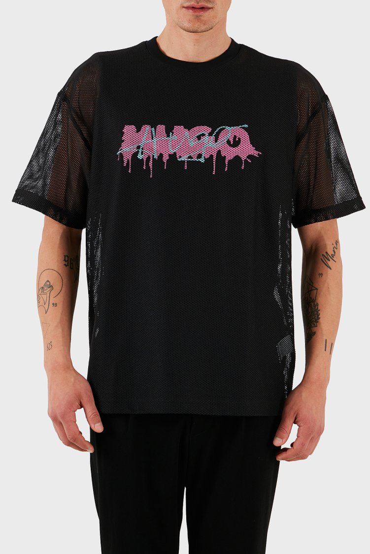 Hugo Logo Efektli Oversize Fit Bisiklet Yaka File Erkek T Shirt 50510000 001 SİYAH - Hugo