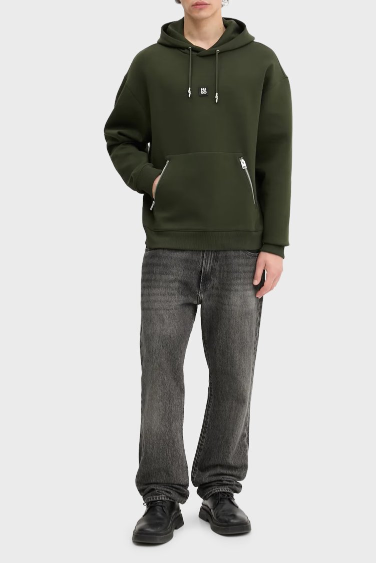 Hugo Logolu Streç Pamuklu Relaxed Fit Kapüşonlu Erkek Sweat 50542583 309 KOYU YEŞİL - Hugo (1)