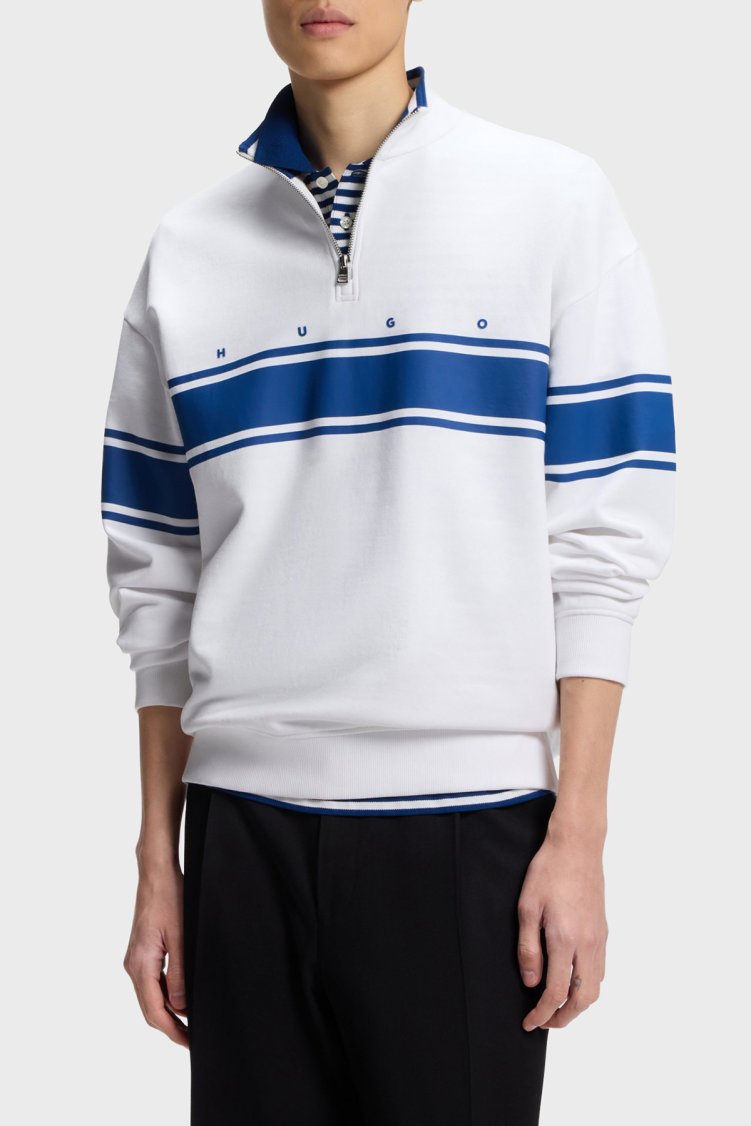 Hugo Pamuklu Relaxed Fit Yarım Fermuarlı Dik Yaka Erkek Sweat 50563798 100 Beyaz - Hugo