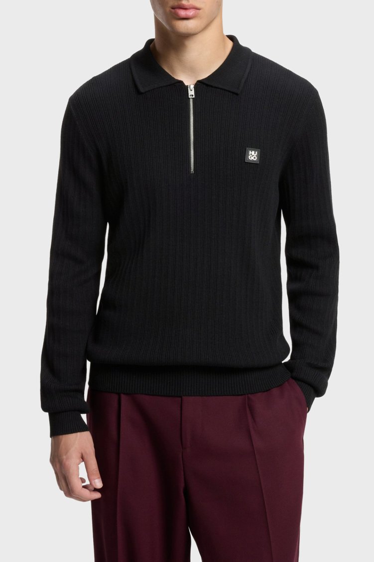 Hugo Slim Fit Fermuarlı Dik Yaka Yarım Fermuarlı Fitilli Triko Erkek Kazak 50570380 001 Siyah - Hugo