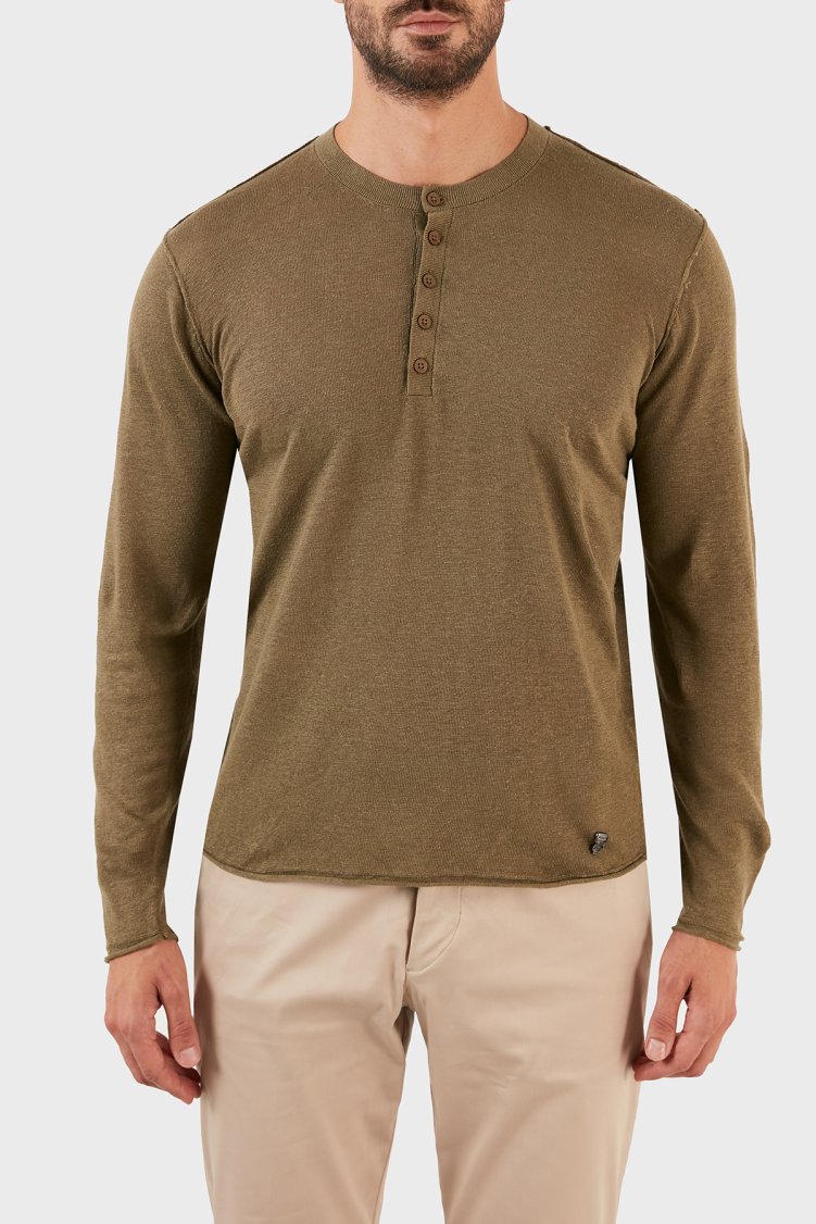 Karl Lagerfeld % 100 Keten Slim Fit Düğmeli Sıfır Yaka Triko Erkek Kazak 655045 0 521305 570 HAKİ - Karl Lagerfeld