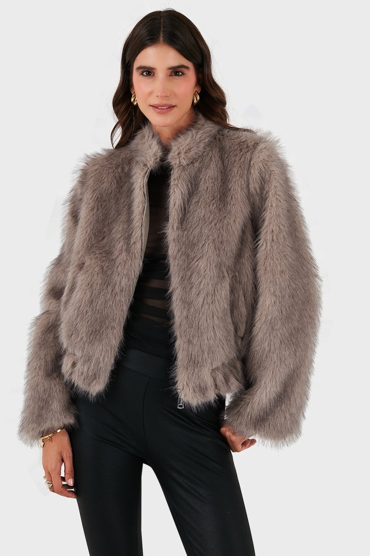 Lazzerini Tiziana Regular Fit Bisiklet Yaka Fermuarlı Kadın Kürk 68912359939 BEJ - Lazzerini Tiziana