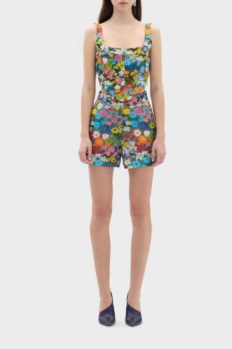 Les Benjamins Çiçek Desenli Yüksek Bel Relaxed Fit Bayan Short LB23SSHOEFUSO-501 MAVİ-TURUNCU - Les Benjamins