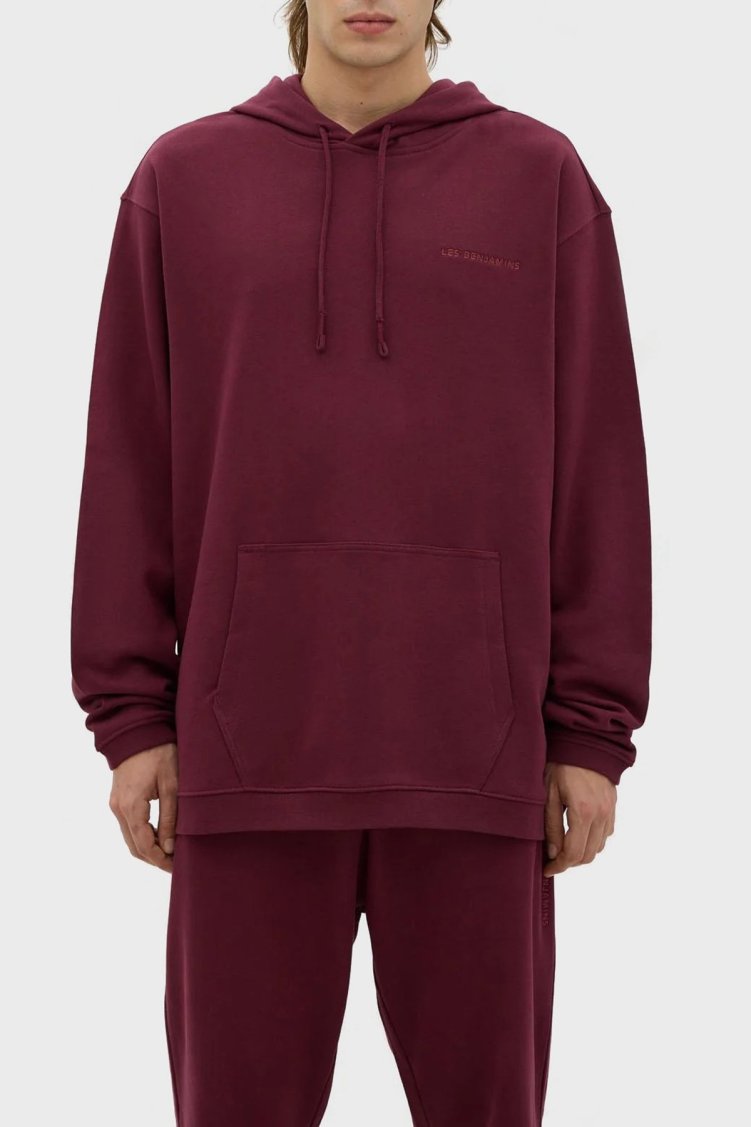 Les Benjamins Kapüşonlu Kanguru Cepli % 100 Pamuk Relaxed Fit Erkek Sweat LB23FWESSMUHD-301 BORDO - Les Benjamins