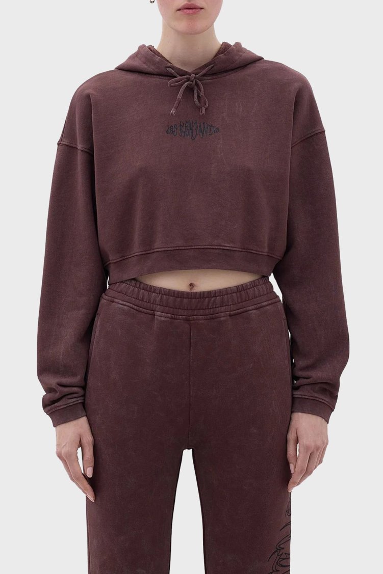 Les Benjamins Logolu Kapüşonlu Relaxed Fit Crop Kadın Sweat LB23FWFRWFUHD-001 KAHVE - Les Benjamins