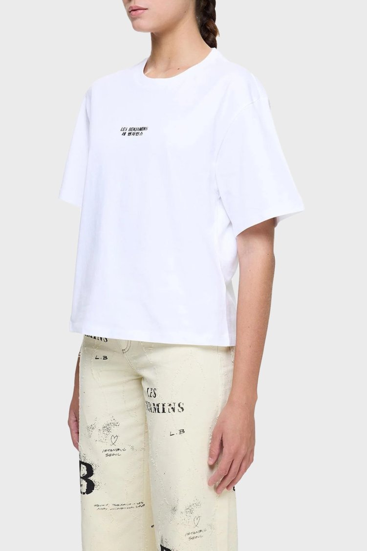Les Benjamins Ön ve Arka Baskılı % 100 Pamuk Regular Fit Kadın T Shirt LB25SSUNLFUTS-010 BEYAZ - Les Benjamins