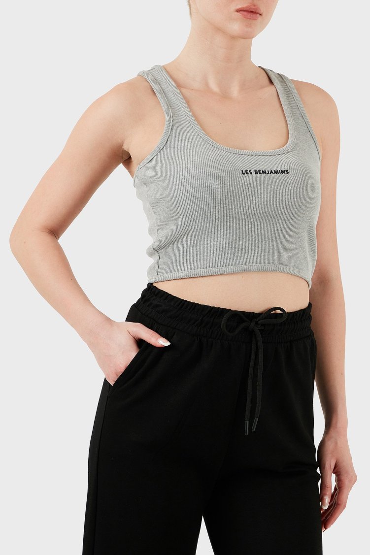 Les Benjamins Pamuklu Slim Fit Kare Yaka Logolu Bayan Top LBNOOSESSFUTN-308 GRİ MELANJ - Les Benjamins