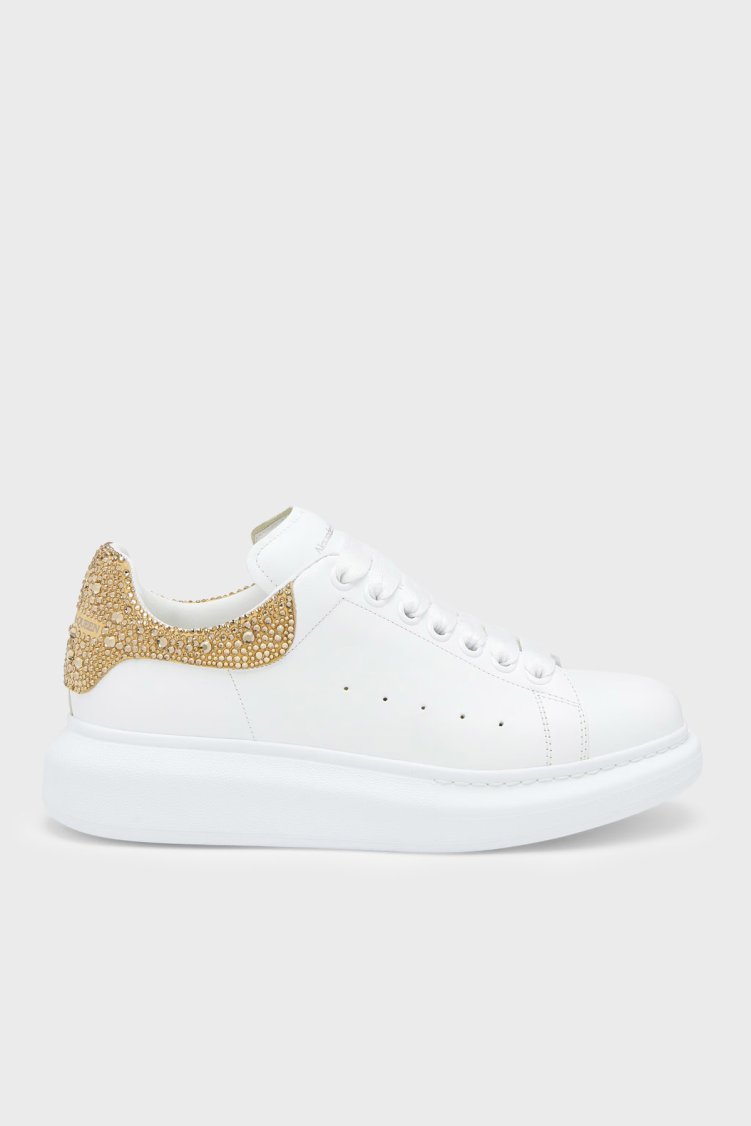 McQueen Taş Detaylı Deri Sneaker Kadın Ayakkabı 666407WIAE7 9170 Beyaz-gold - McQueen