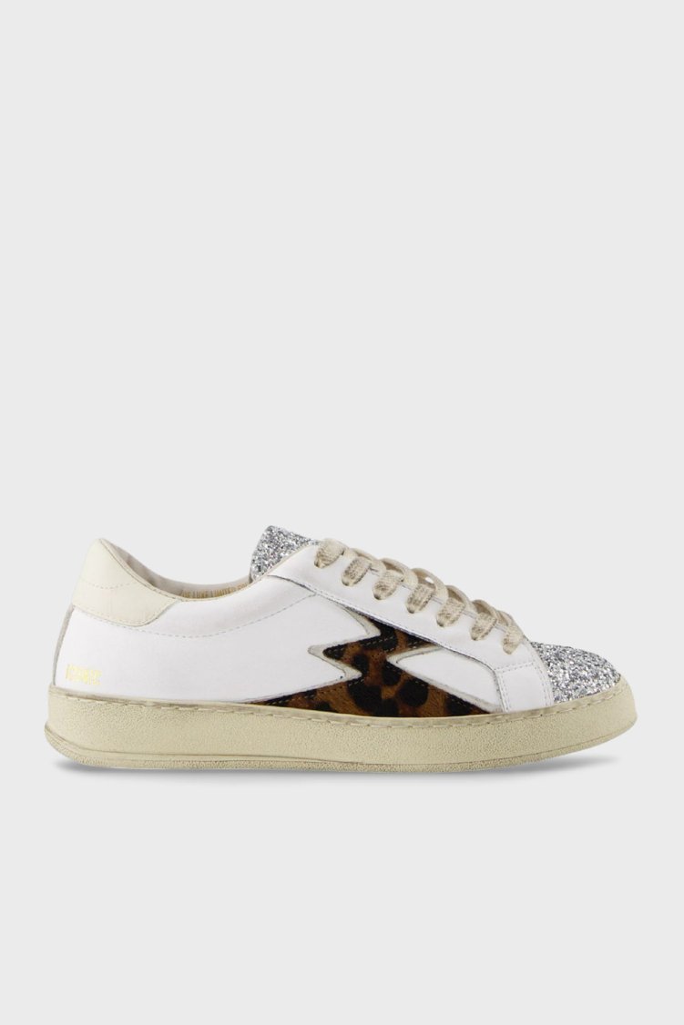 Moaconcept Leopar Desen Detaylı Deri Simli Sneaker Kadın Ayakkabı IC134 BEYAZ-GÜMÜŞ - Moaconcept