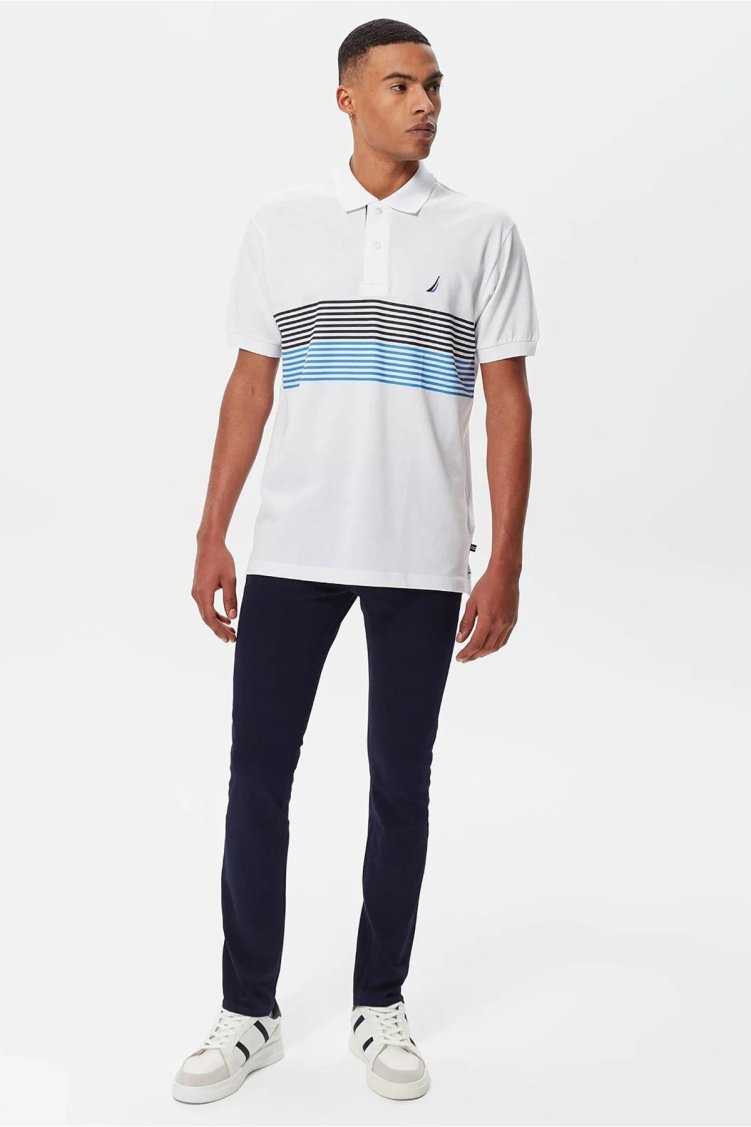 Nautica % 100 Pamuk Logo Detaylı Çizgi Desenli Classic Fit Erkek Polo T Shirt K35506T 1BW BEYAZ - Nautica (1)