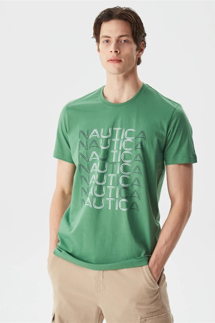 Nautica % 100 Pamuk Marka Baskılı Bisiklet Yaka Standart Fit Erkek T Shirt V35528T 3FY YEŞİL - Nautica
