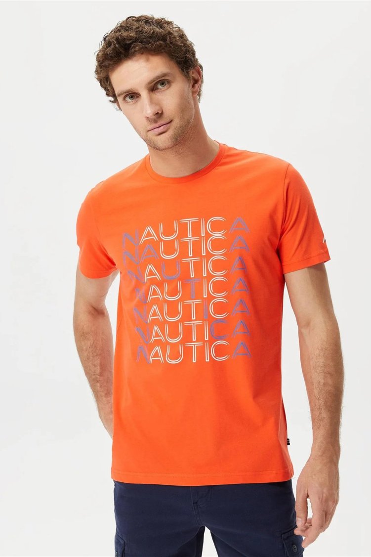 Nautica % 100 Pamuk Marka Baskılı Bisiklet Yaka Standart Fit Erkek T Shirt V35528T 8TR TURUNCU - Nautica