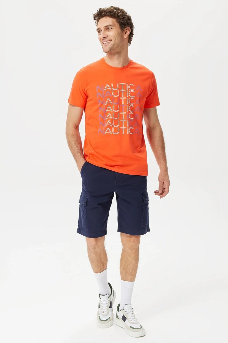Nautica % 100 Pamuk Marka Baskılı Bisiklet Yaka Standart Fit Erkek T Shirt V35528T 8TR TURUNCU - Nautica (1)