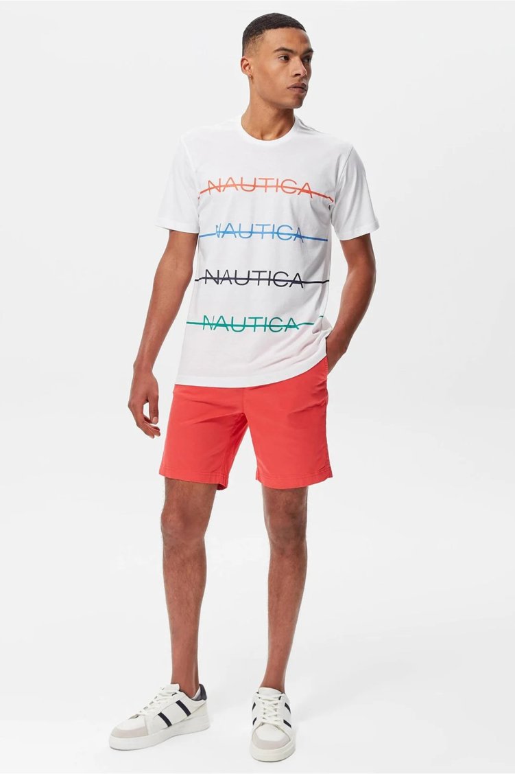 Nautica % 100 Pamuk Marka Baskılı Bisiklet Yaka Standart Fit Erkek T Shirt V35530T 1BW BEYAZ - Nautica (1)