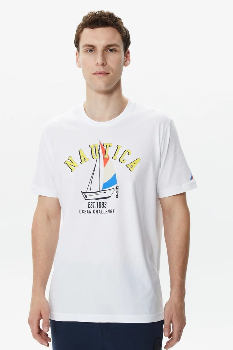 Nautica Baskılı % 100 Pamuklu Regular Fit Bisiklet Yaka Erkek T Shirt V35516T 1BW BEYAZ - Nautica