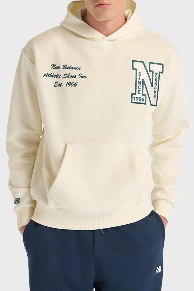 New Balance NB Lifestyle Pamuklu Oversize Logolu Kapüşonlu Unisex Sweat 0UNH3534SST BEJ - New Balance