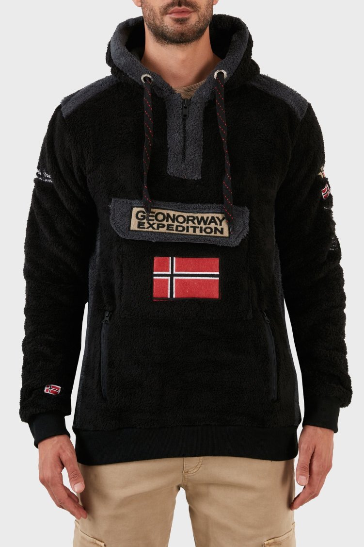 Norway Geographical Pamuklu Yumuşak Dokulu Soğuğa Dayanıklı Kapüşonlu Erkek Polar GYMCLASS SHERCOE SİYAH - Norway Geographical