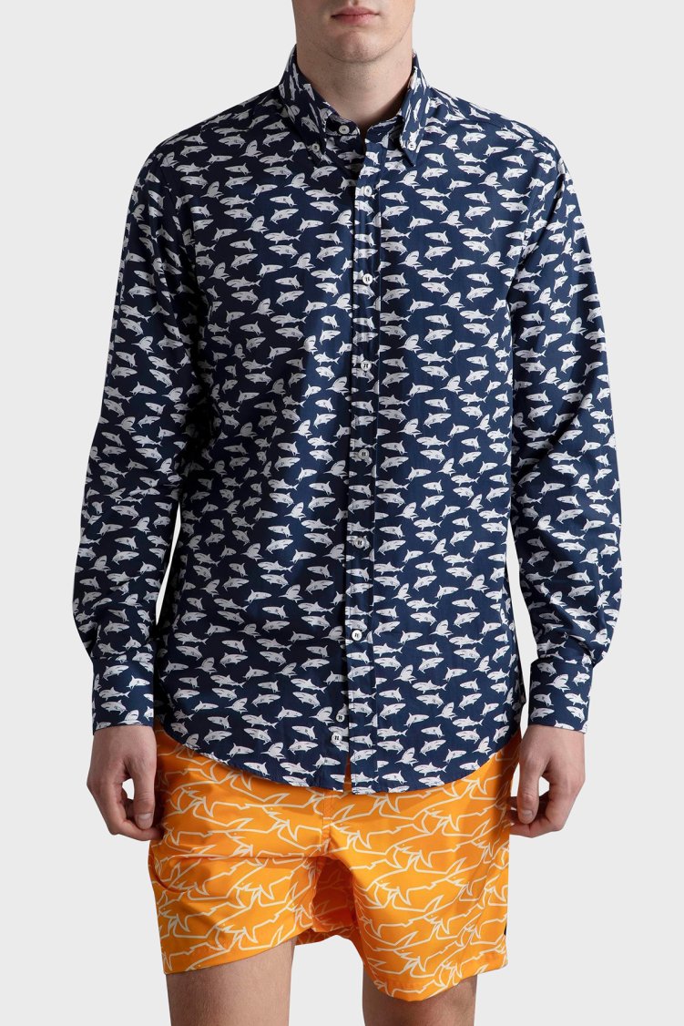 Paul & Shark % 100 Pamuk Regular Fit Logo Desenli Erkek Gömlek 24413017 L10 LACİVERT - Paul & Shark