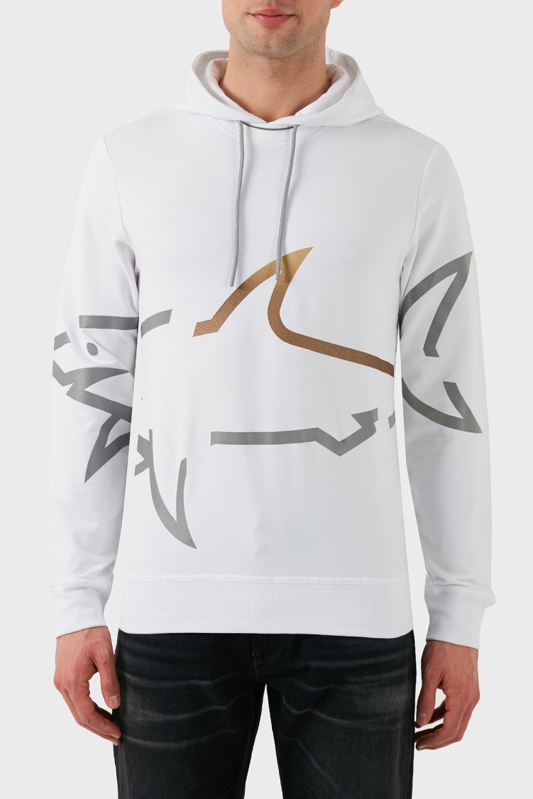 Paul & Shark Logo Baskılı Streç Pamuklu Regular Fit Kapüşonlu Erkek Sweat 24411882 010 BEYAZ - Paul & Shark