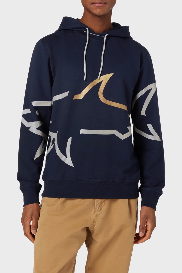 Paul & Shark Logo Baskılı Streç Pamuklu Regular Fit Kapüşonlu Erkek Sweat 24411882 013 LACİVERT - Paul & Shark