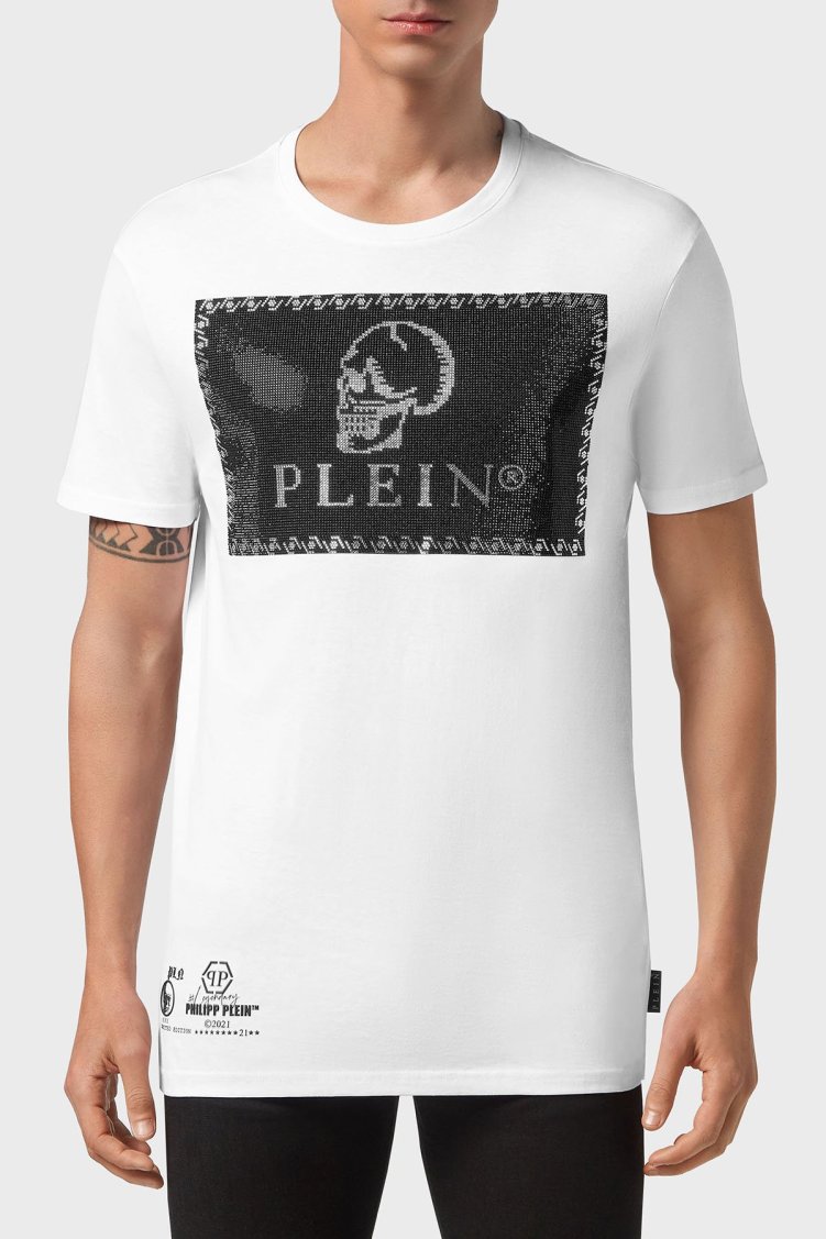 Philipp Plein % 100 Pamuk Loose Fit Taşlı Logolu Erkek T Shirt MTK5082 PJY002N 01 BEYAZ - Philipp Plein
