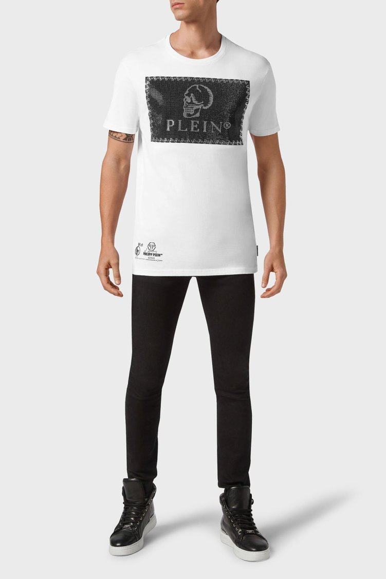 Philipp Plein % 100 Pamuk Loose Fit Taşlı Logolu Erkek T Shirt MTK5082 PJY002N 01 BEYAZ - Philipp Plein (1)