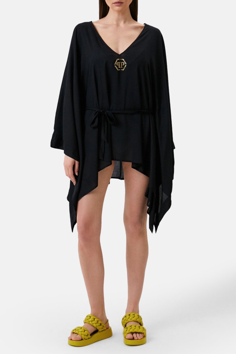 Philipp Plein Logolu Belden Bağlamalı Regular Fit Kimono Kaftan Kadın Pareo DMPPK0299 SİYAH - Philipp Plein (1)