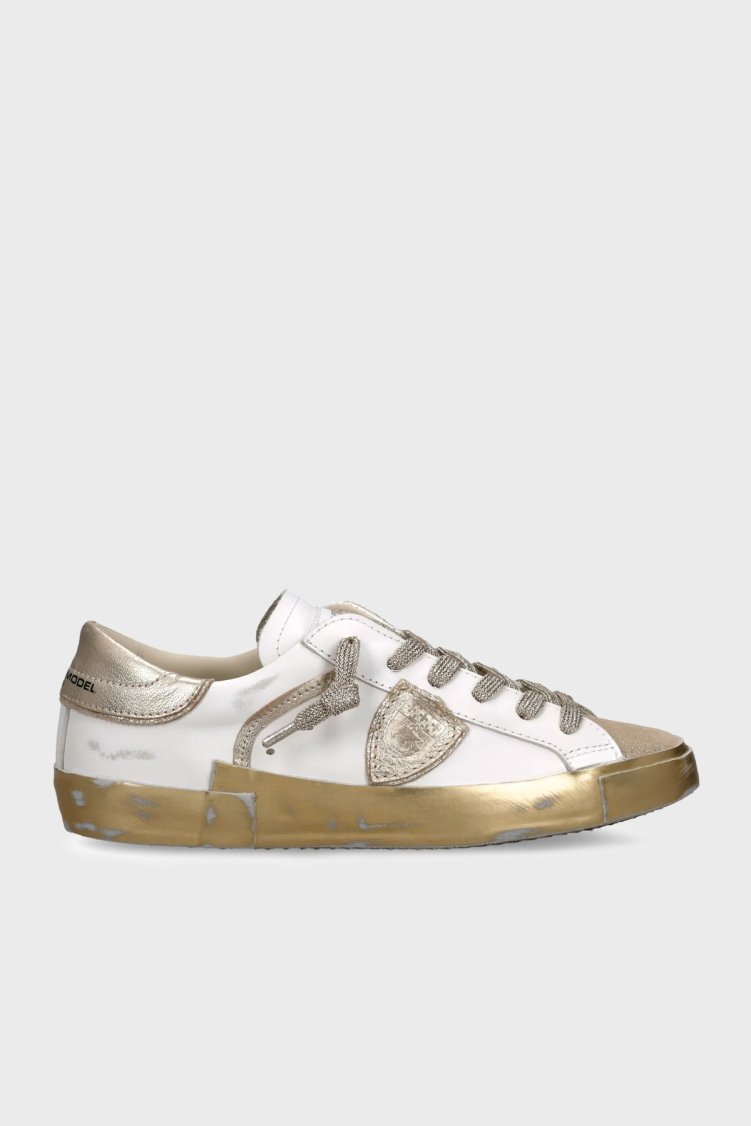 Philippe Model Deri Logolu Sneaker Bayan Ayakkabı PRLDVMM1VMM1 BEYAZ-GOLD - Philippe Model