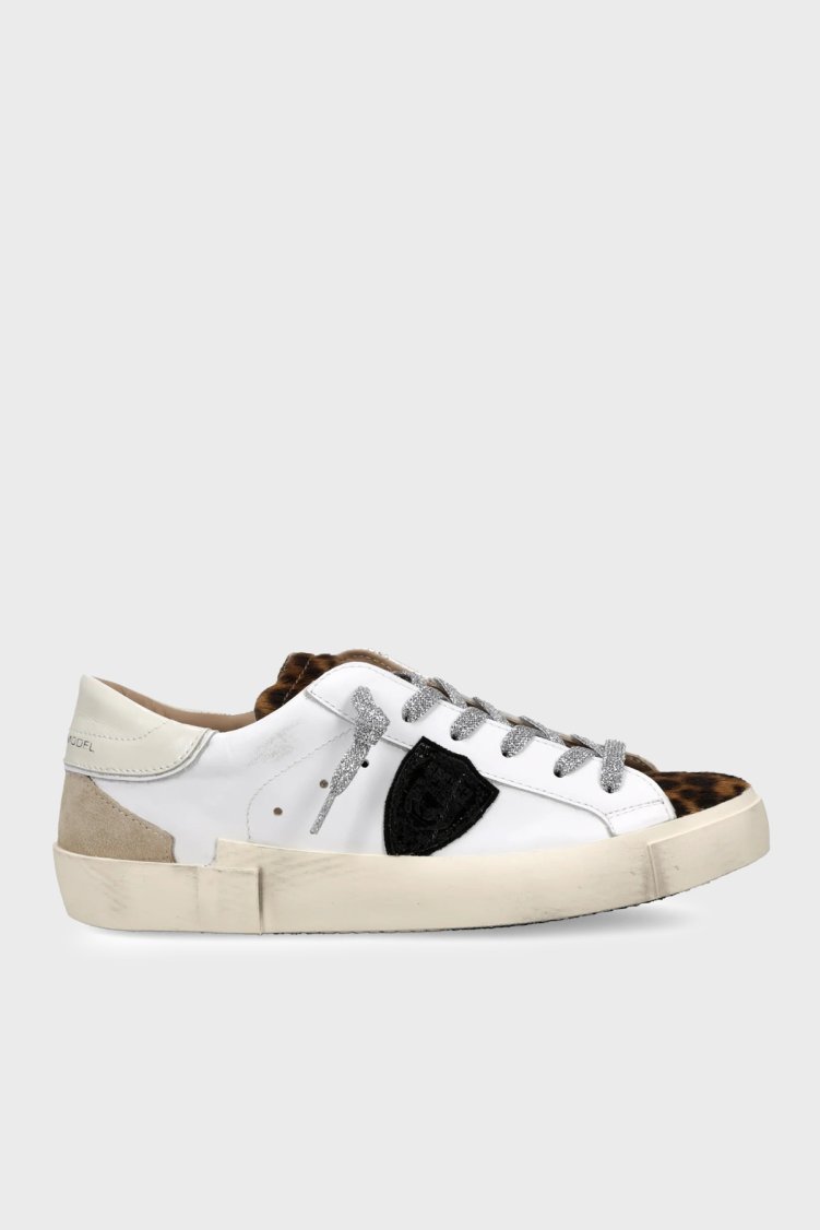 Philippe Model Simli Bağcıklı Deri Sneaker Kadın Ayakkabı PRLDVXA2 Beyaz-leopar - Philippe Model