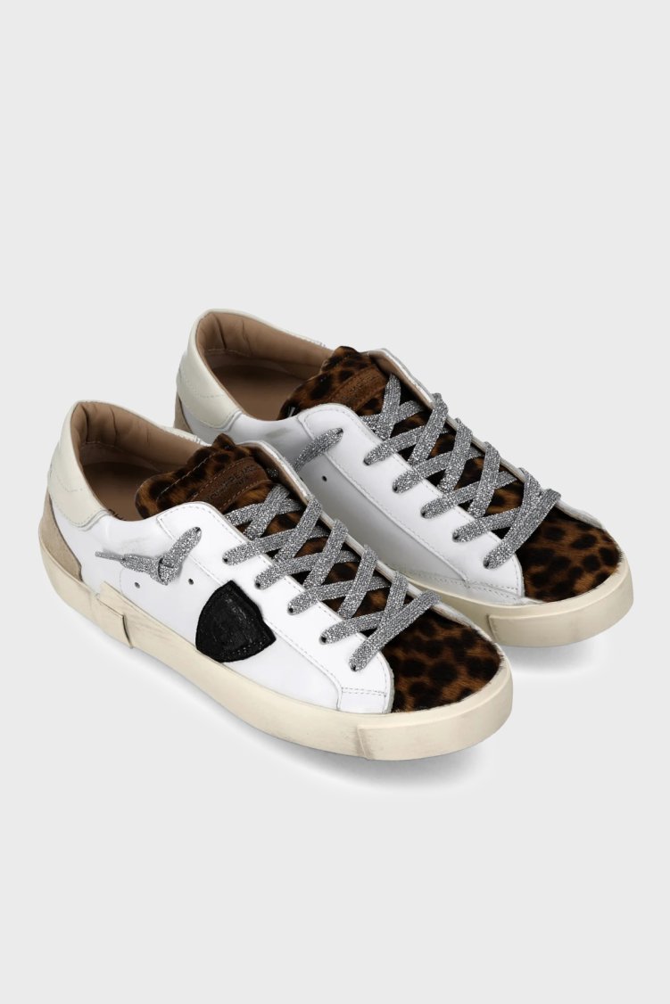 Philippe Model Simli Bağcıklı Deri Sneaker Kadın Ayakkabı PRLDVXA2 Beyaz-leopar - Philippe Model (1)